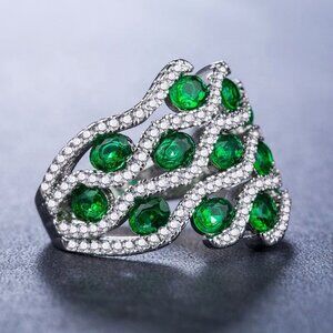 925 Silver Plated Stylish Green Cubic Zirconia Diamond Ring, FB16FA1102